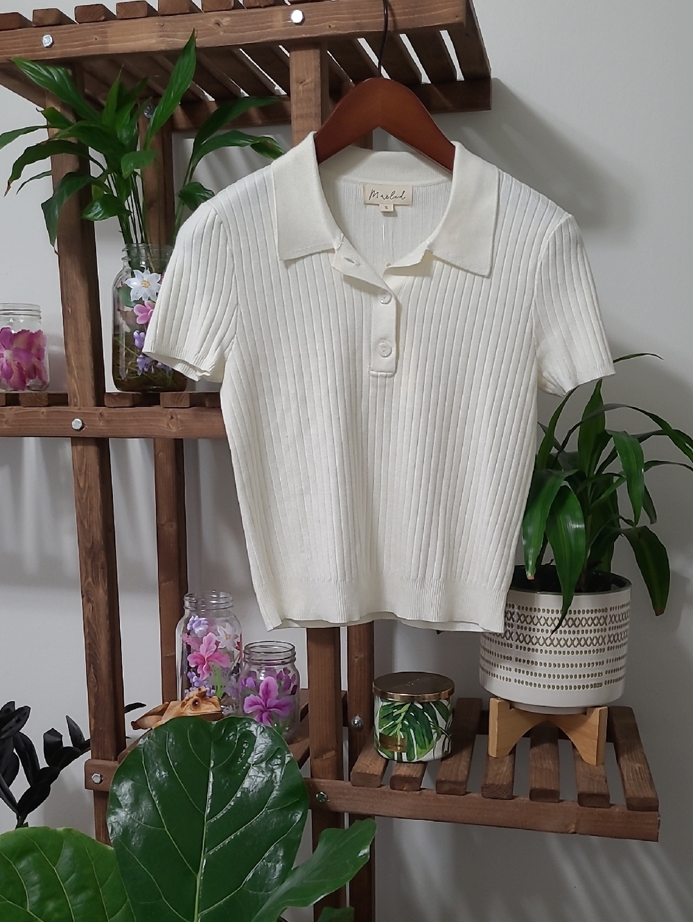 Marled Cream Ribbed Knit Sweater Polo NWT